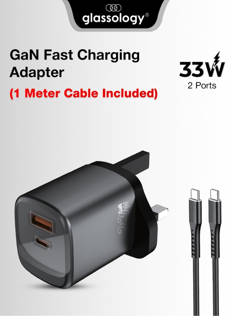 glassology 33W USB-C GaN Fast Charger, 2-Port Wall Charger (Type-C + USB-A), Compatible with All iPhone Models, iPad, Galaxy Series, Free Type-C to Type-C Cable Included - Image 1